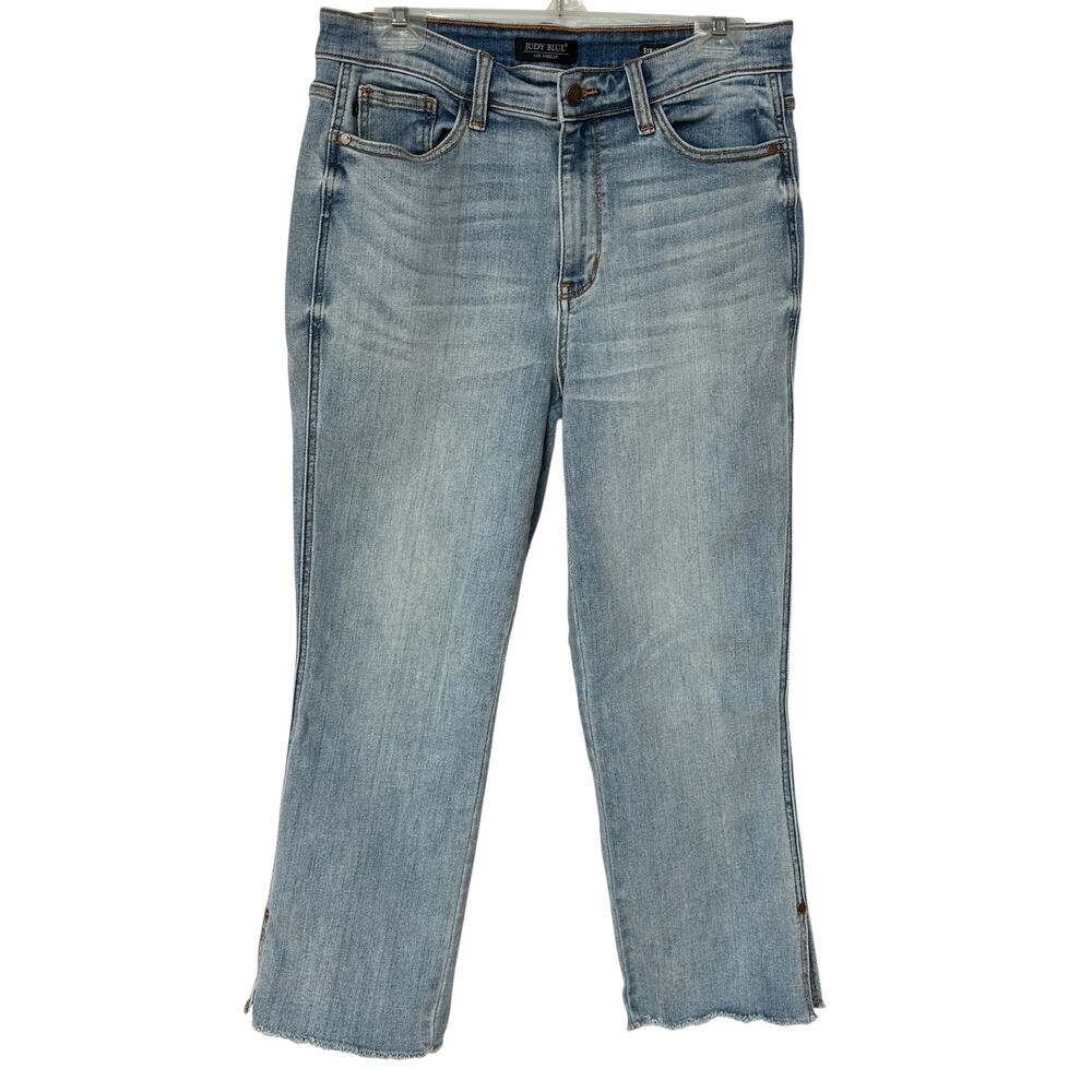 Judy Blue Jeans Straight Fit Faded Blue Cropped Split Hem Faded Blue Denim 13/31